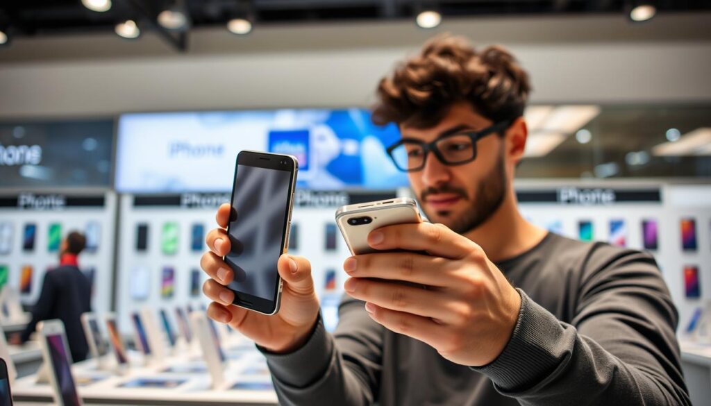 Person vergleicht verschiedene Smartphone-Modelle in einem Elektronikgeschäft Person vergleicht verschiedene Smartphone-Modelle in einem Elektronikgeschäft