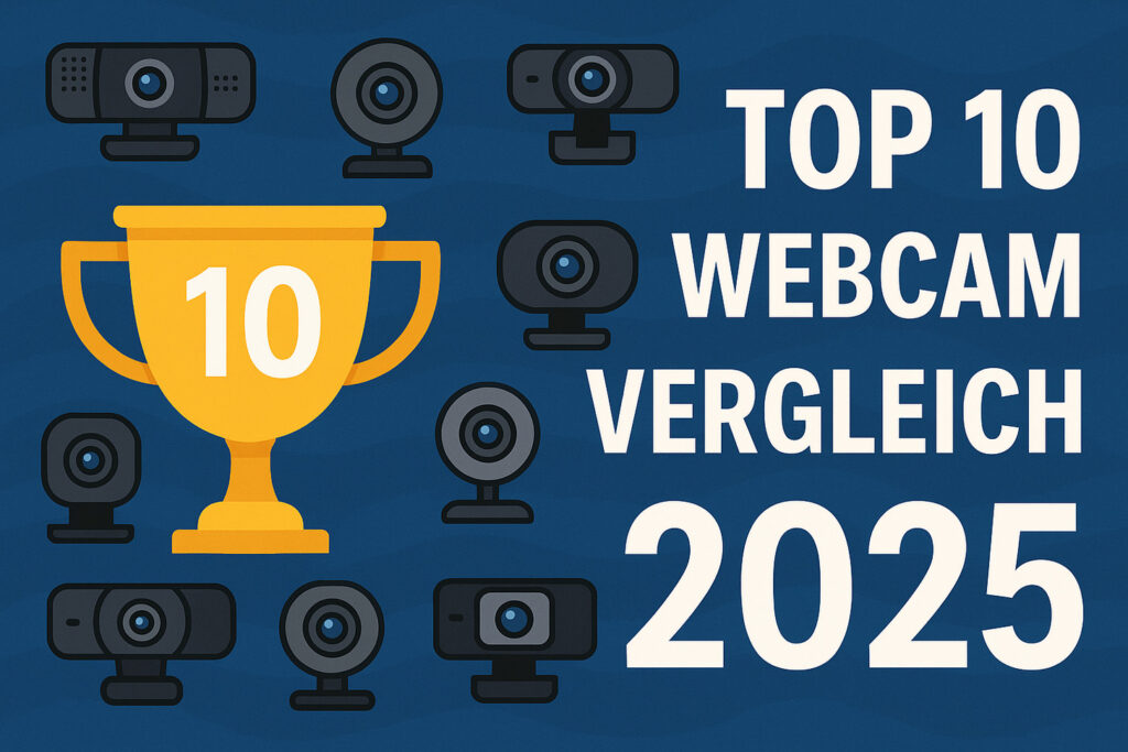 Verschiedene Webcam-Modelle 2025 nebeneinander aufgereiht mit Qualitätsunterschieden in der Bildwiedergabe